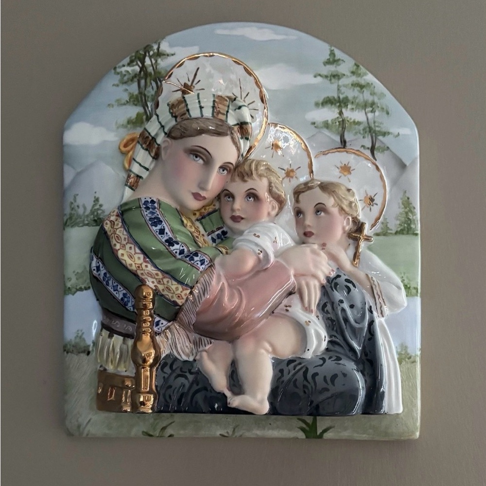 Italian Ceramic Mary Christ Angel Raised Relief Majolica Plaque RELIGIOUS